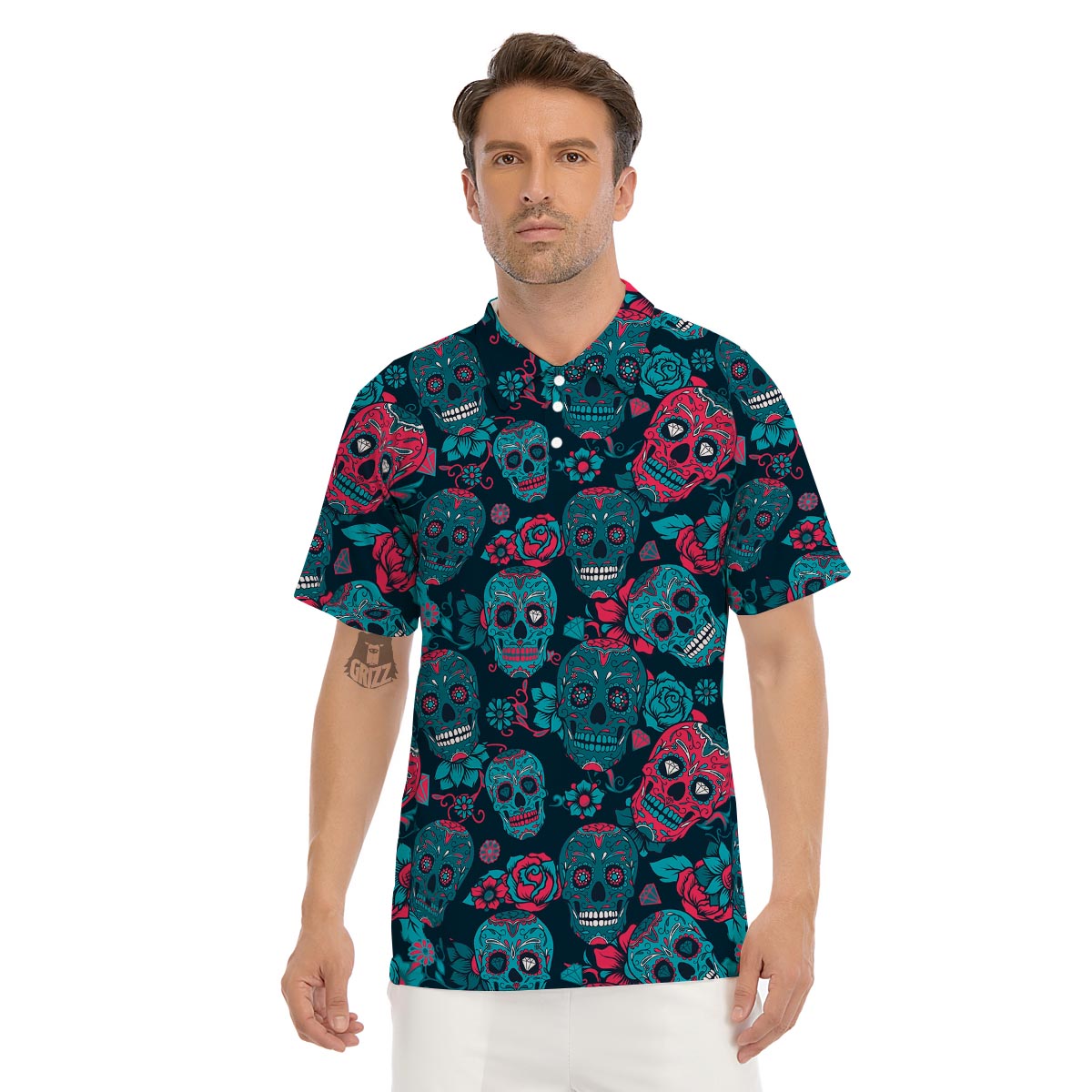 Blue And Red Floral Sugar Skull Men's Golf Shirts-grizzshop