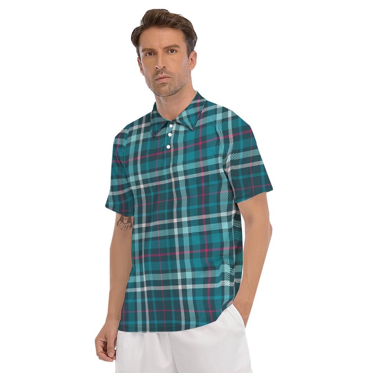 Blue Aqua Plaid Tartan Men's Golf Shirts-grizzshop