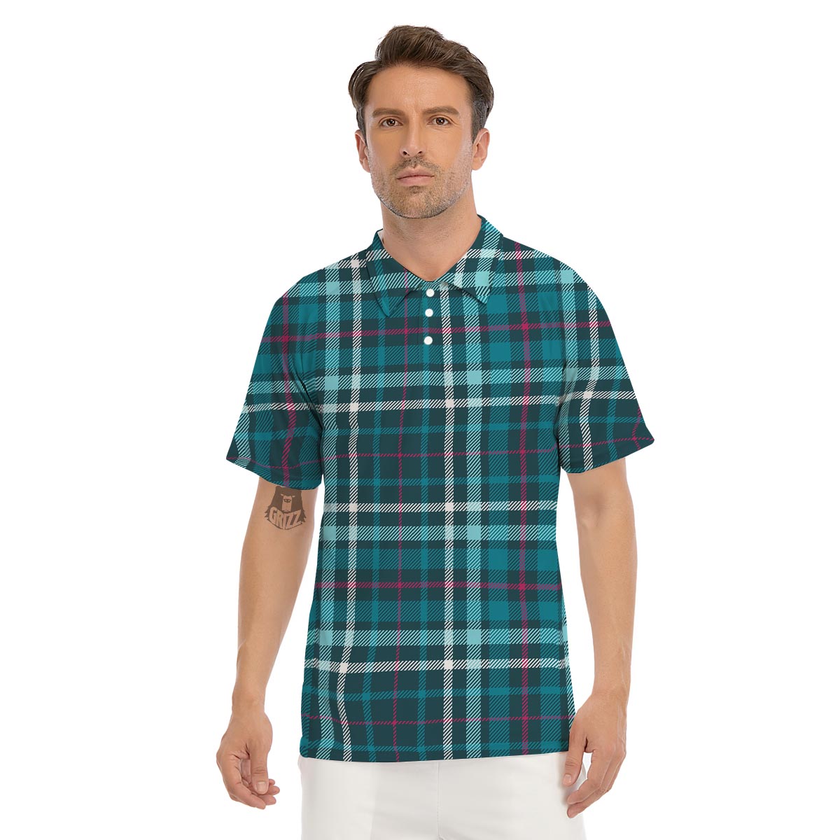Blue Aqua Plaid Tartan Men's Golf Shirts-grizzshop