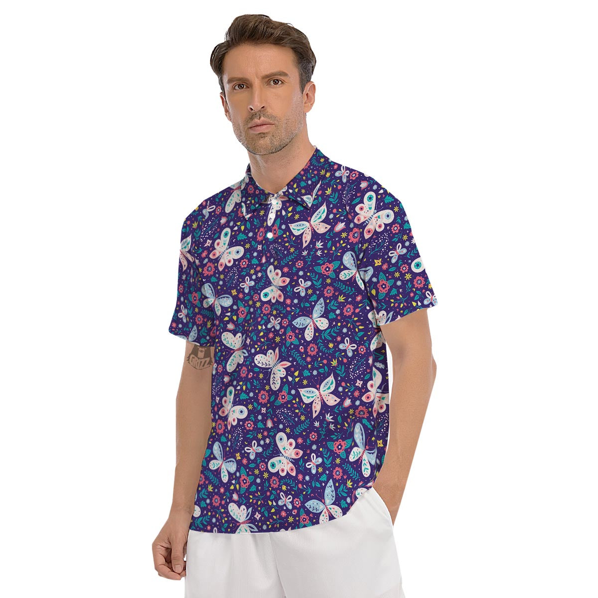 Blue Butterfly Floral Print Men's Golf Shirts-grizzshop