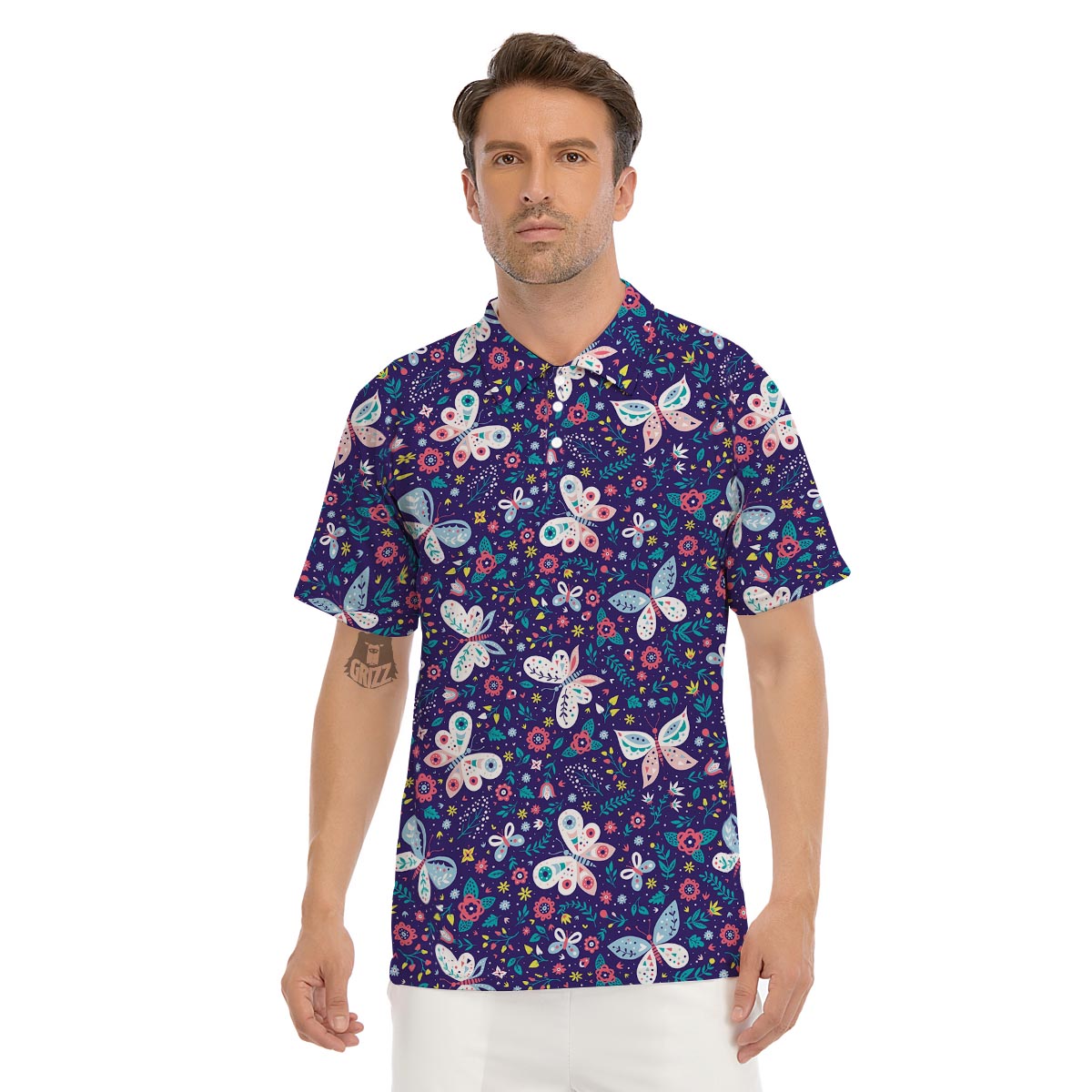 Blue Butterfly Floral Print Men's Golf Shirts-grizzshop