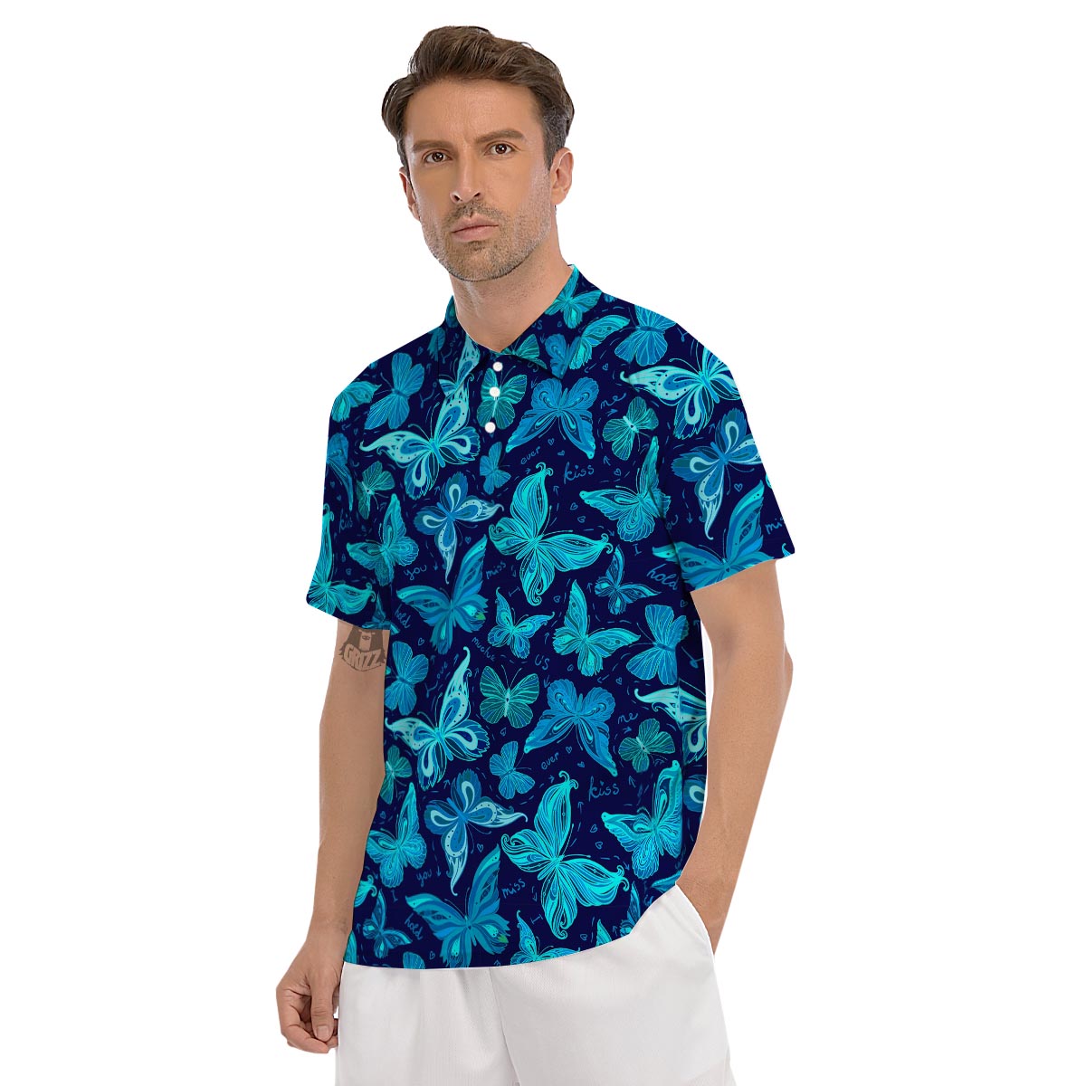 Blue Butterfly Print Men's Golf Shirts-grizzshop