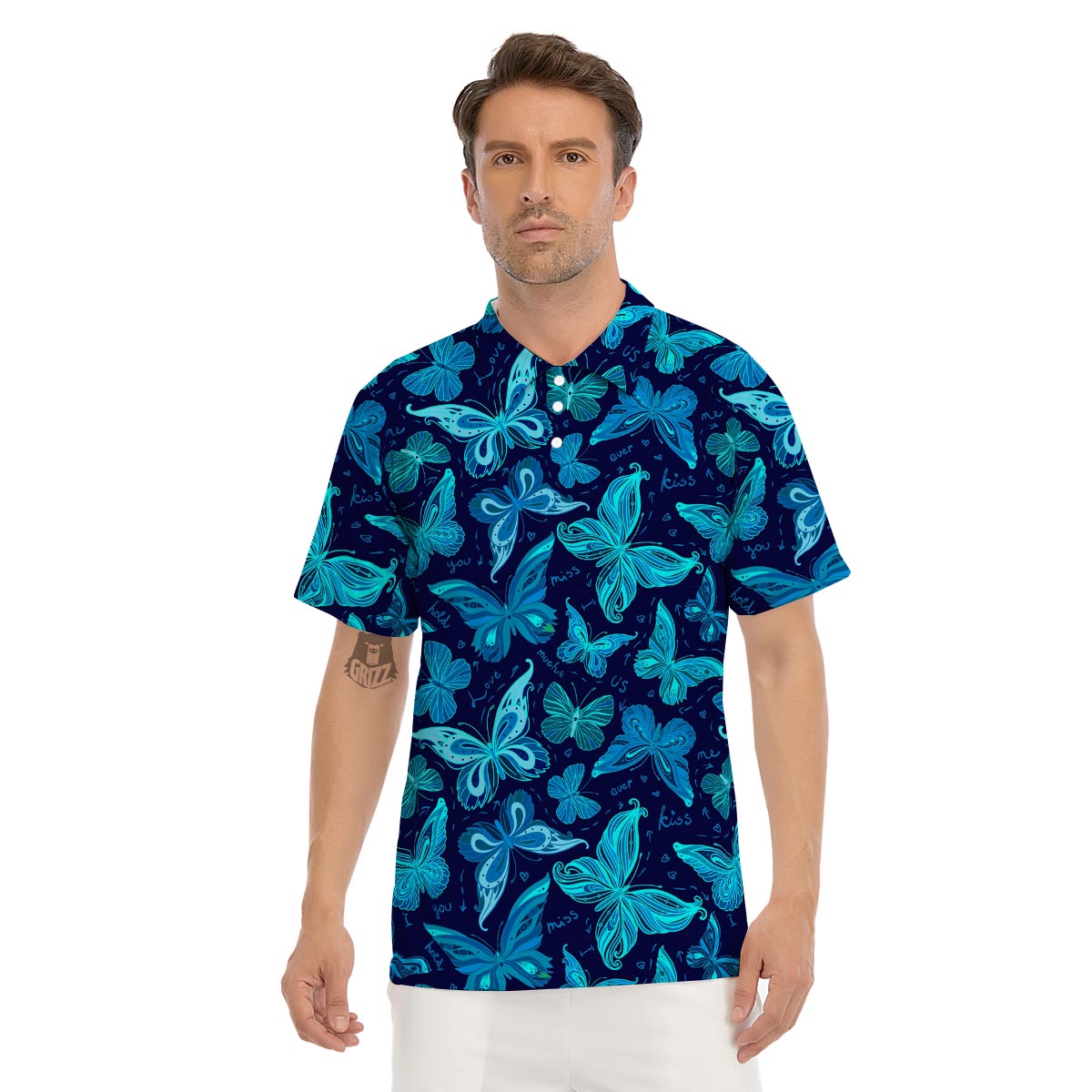 Blue Butterfly Print Men's Golf Shirts-grizzshop