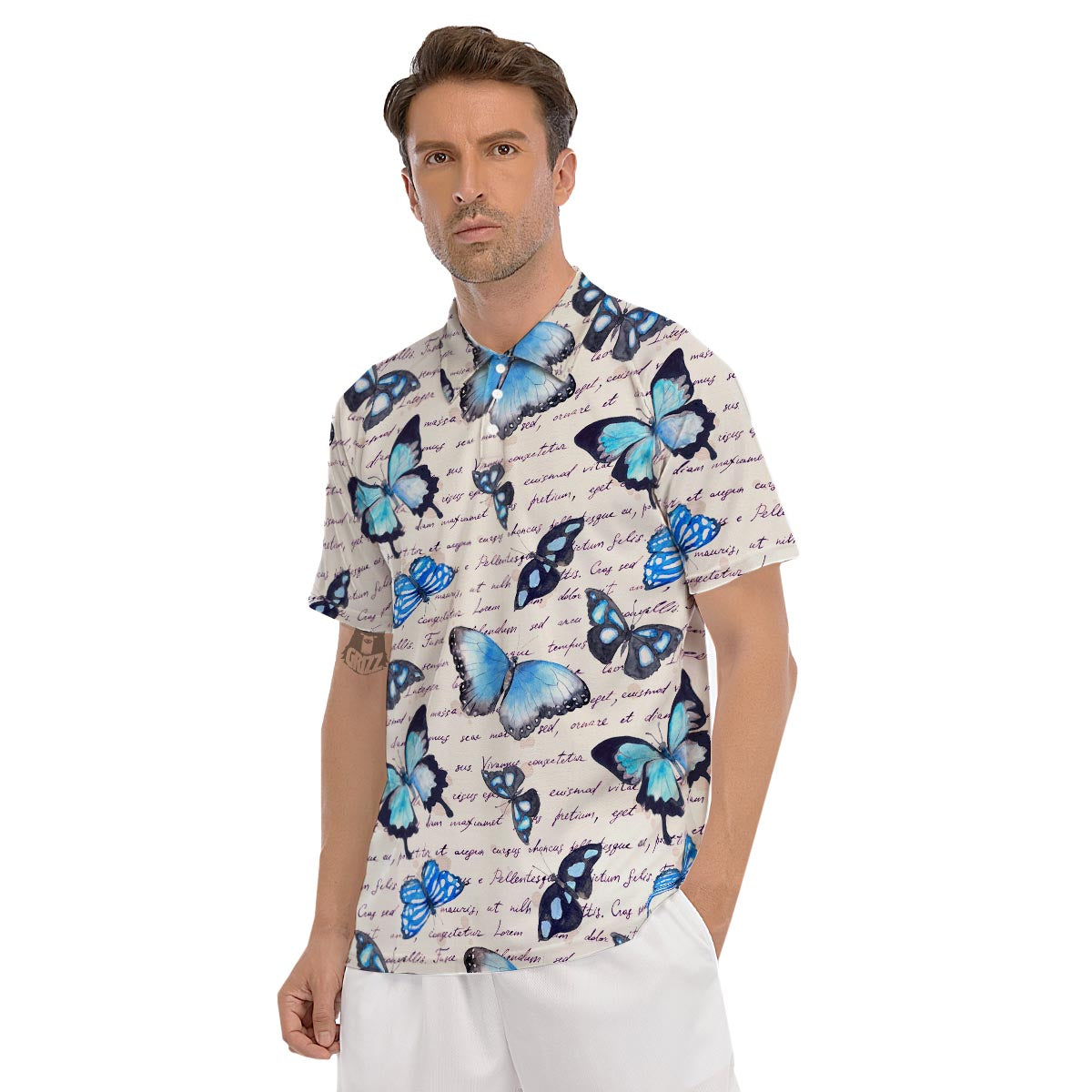 Blue Butterfly Watercolor Print Men's Golf Shirts-grizzshop