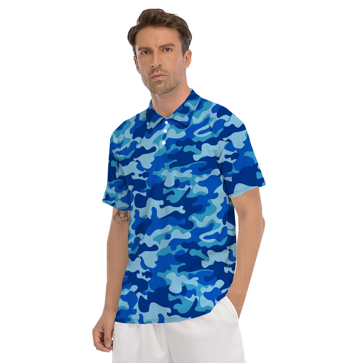 Blue Camo Print Men's Golf Shirts-grizzshop