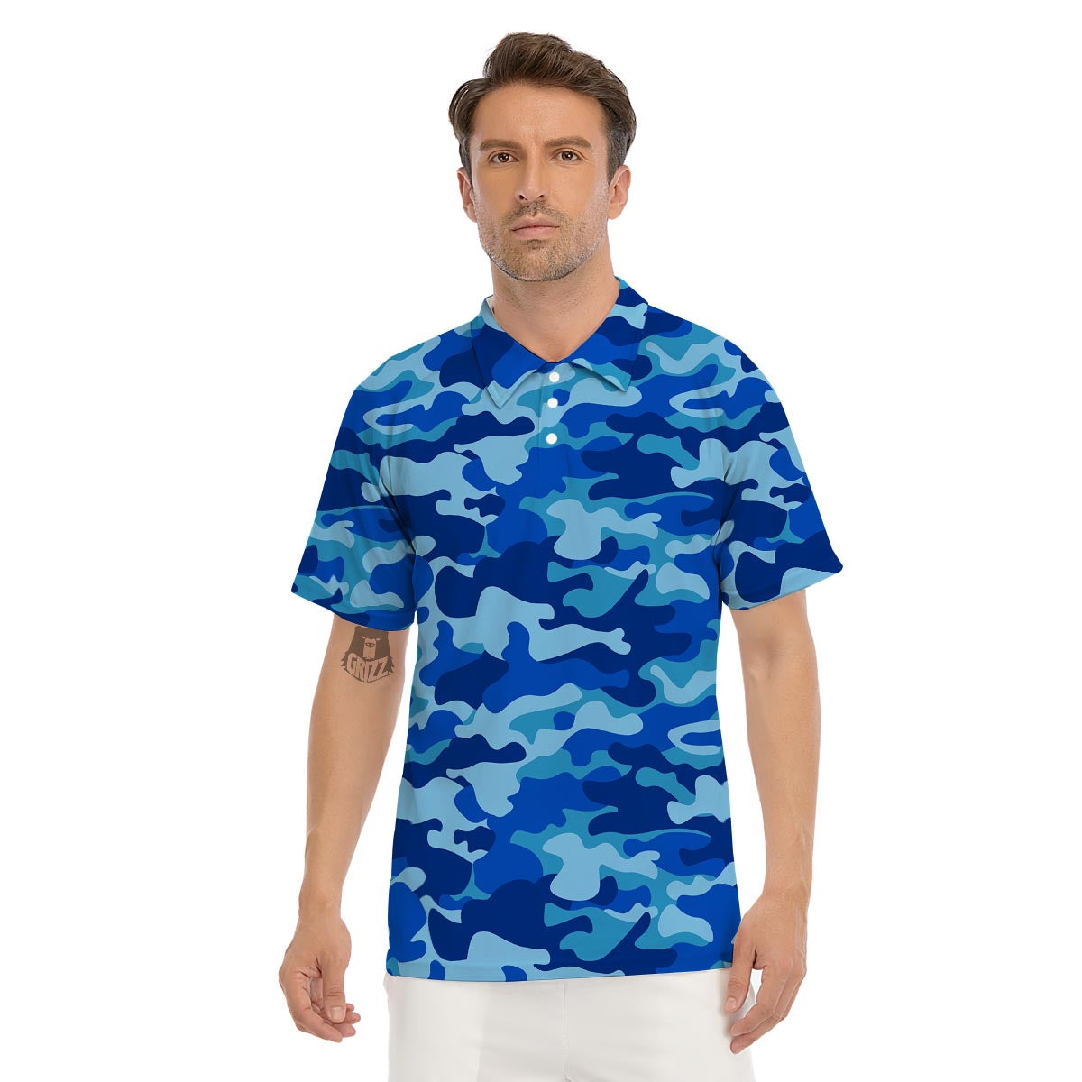 Blue Camo Print Men's Golf Shirts-grizzshop