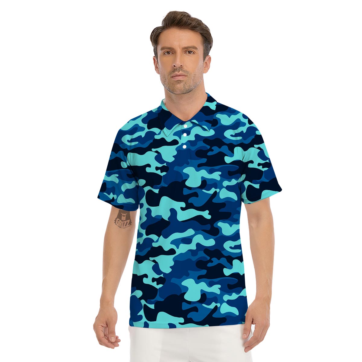 Blue Camoflage Print Men's Golf Shirts-grizzshop