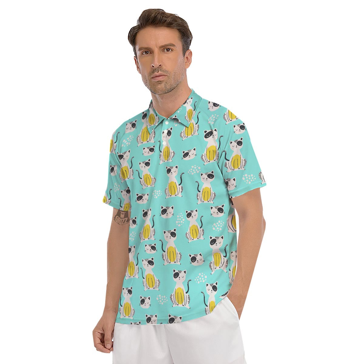 Blue Cat Print Men's Golf Shirts-grizzshop