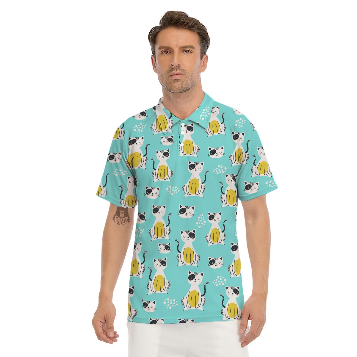 Blue Cat Print Men's Golf Shirts-grizzshop