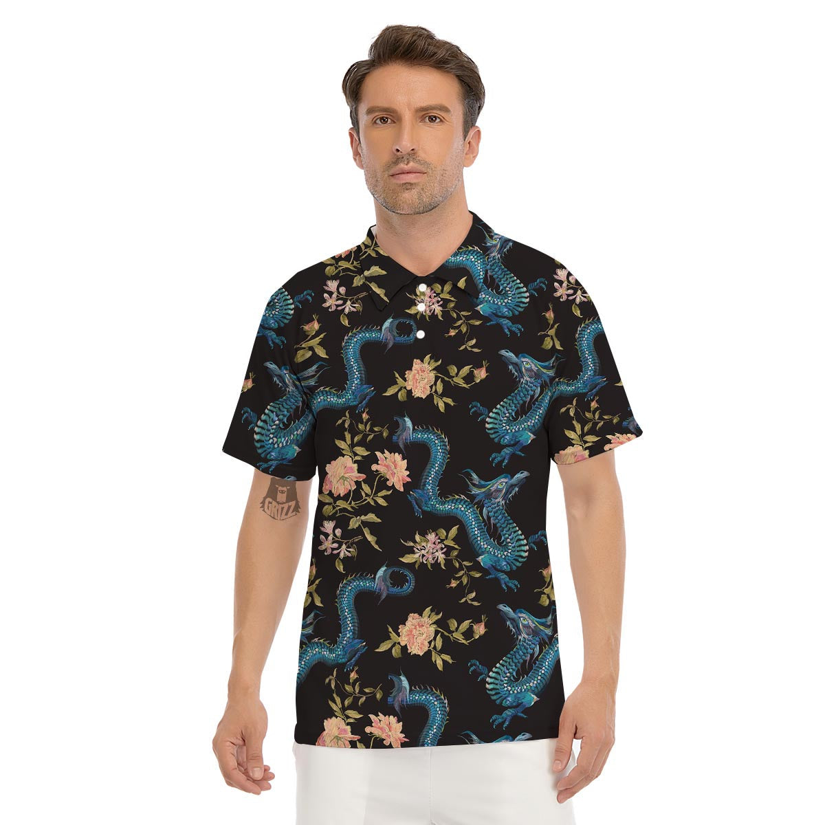 Blue Chinese Dragon Floral Print1 Men's Golf Shirts-grizzshop