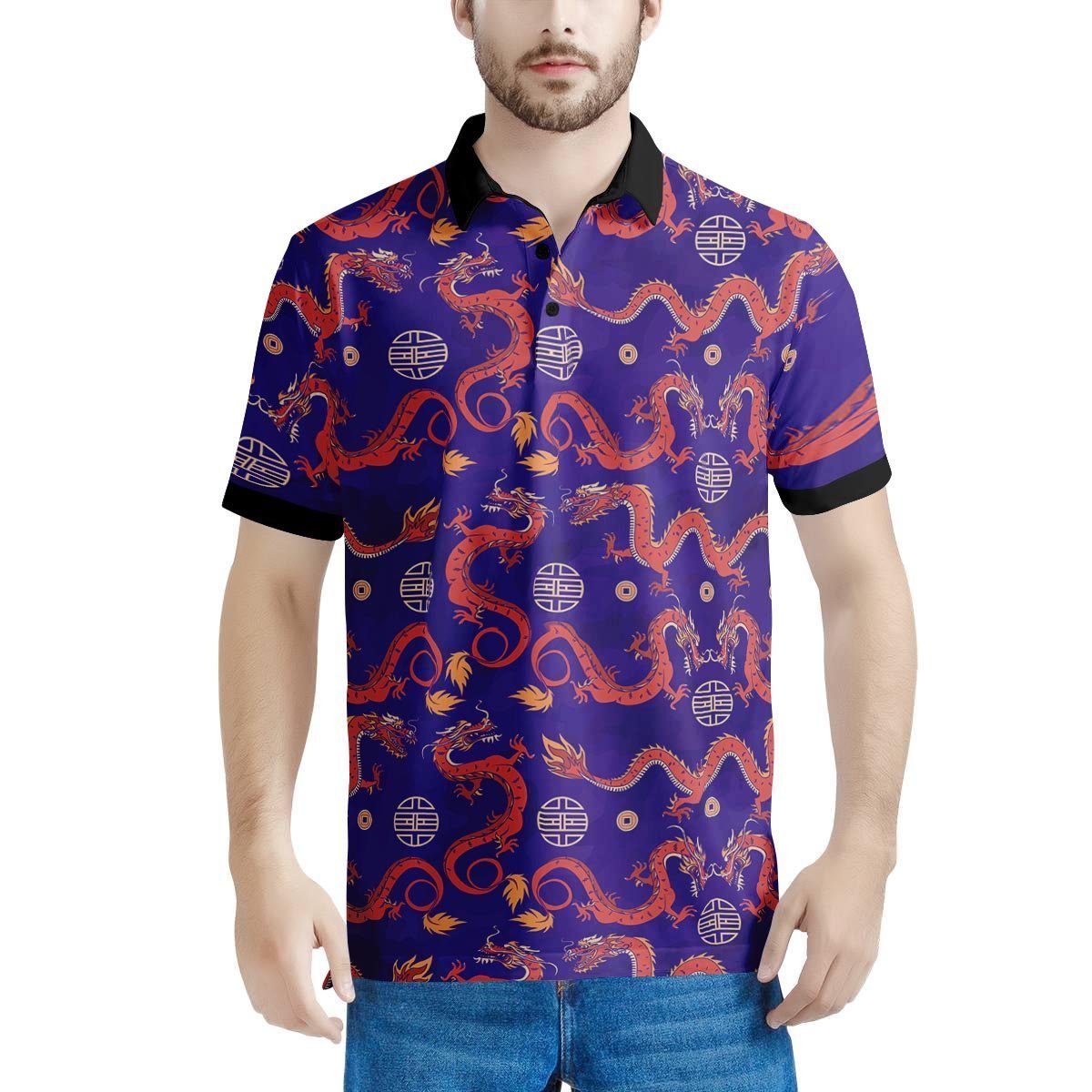 Blue Chinese Dragon Men's Golf Shirts-grizzshop