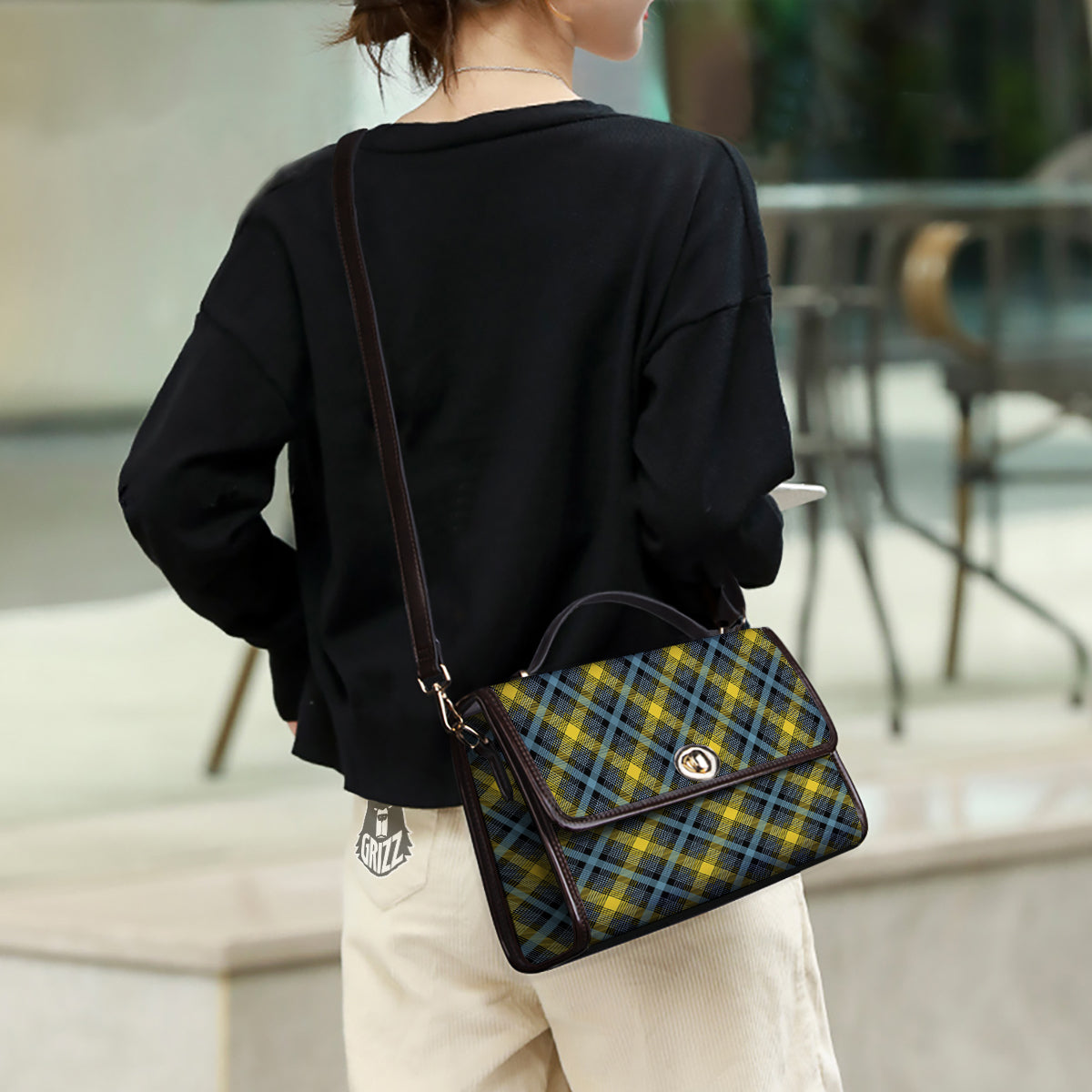 Blue Argyle And Black Yellow Print Pattern Women's Satchel Bag