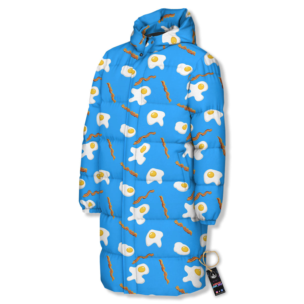 Blue Bacon And Fried Egg Print Pattern Long Down Jacket