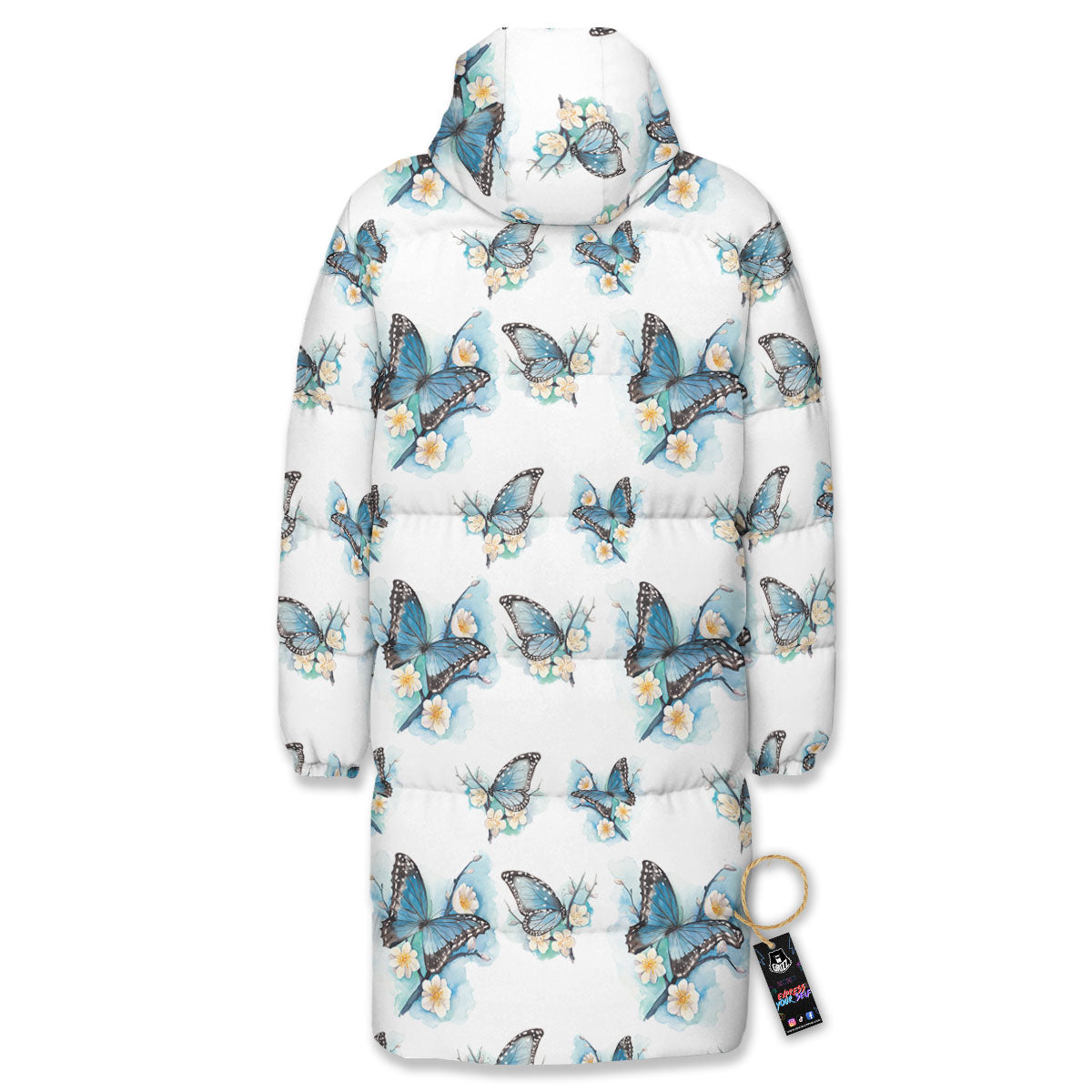 Blue Butterfly Blossom Print Pattern Long Down Jacket