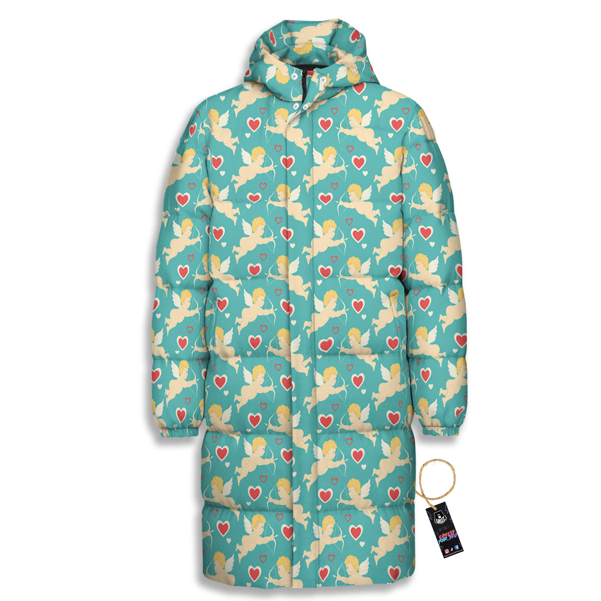 Blue Cupid And Heart Print Pattern Long Down Jacket