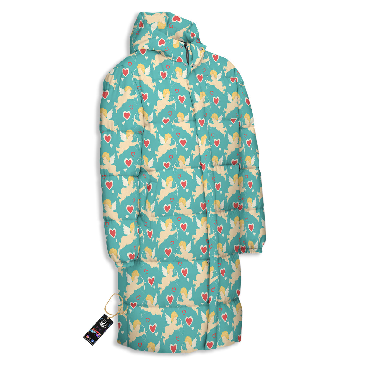 Blue Cupid And Heart Print Pattern Long Down Jacket