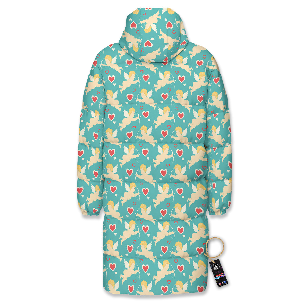 Blue Cupid And Heart Print Pattern Long Down Jacket