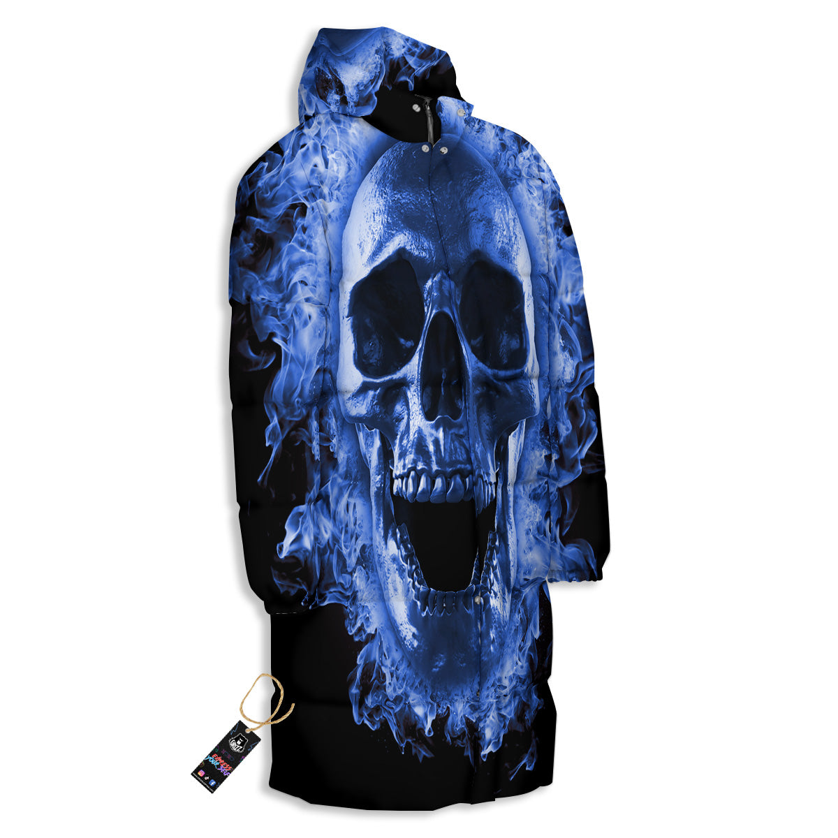 Blue Flaming Skull Print Long Down Jacket