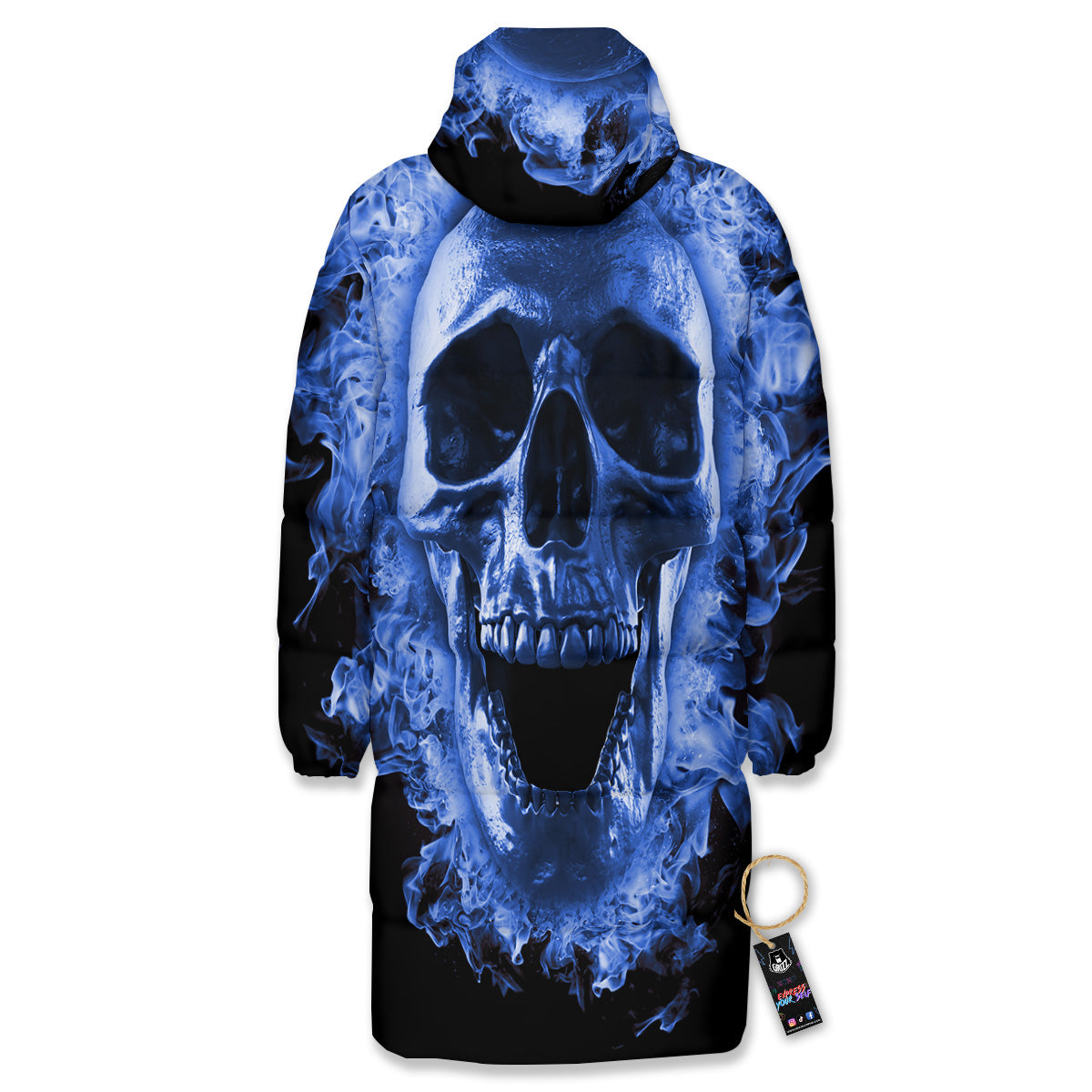 Blue Flaming Skull Print Long Down Jacket