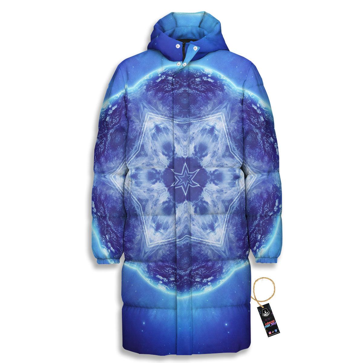 Blue Fractal Kaleidoscope Print Long Down Jacket