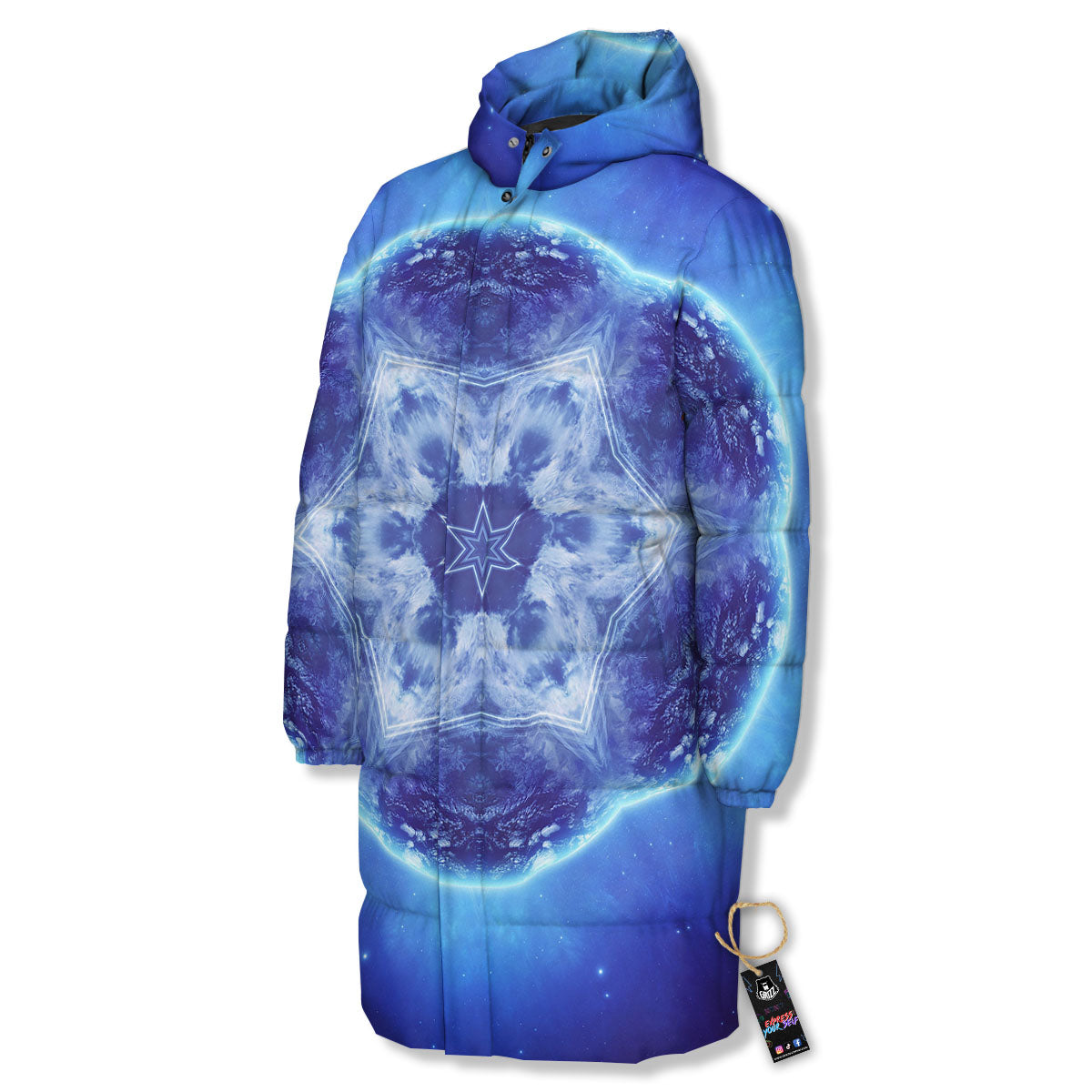 Blue Fractal Kaleidoscope Print Long Down Jacket