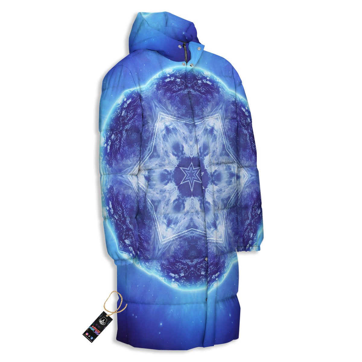 Blue Fractal Kaleidoscope Print Long Down Jacket