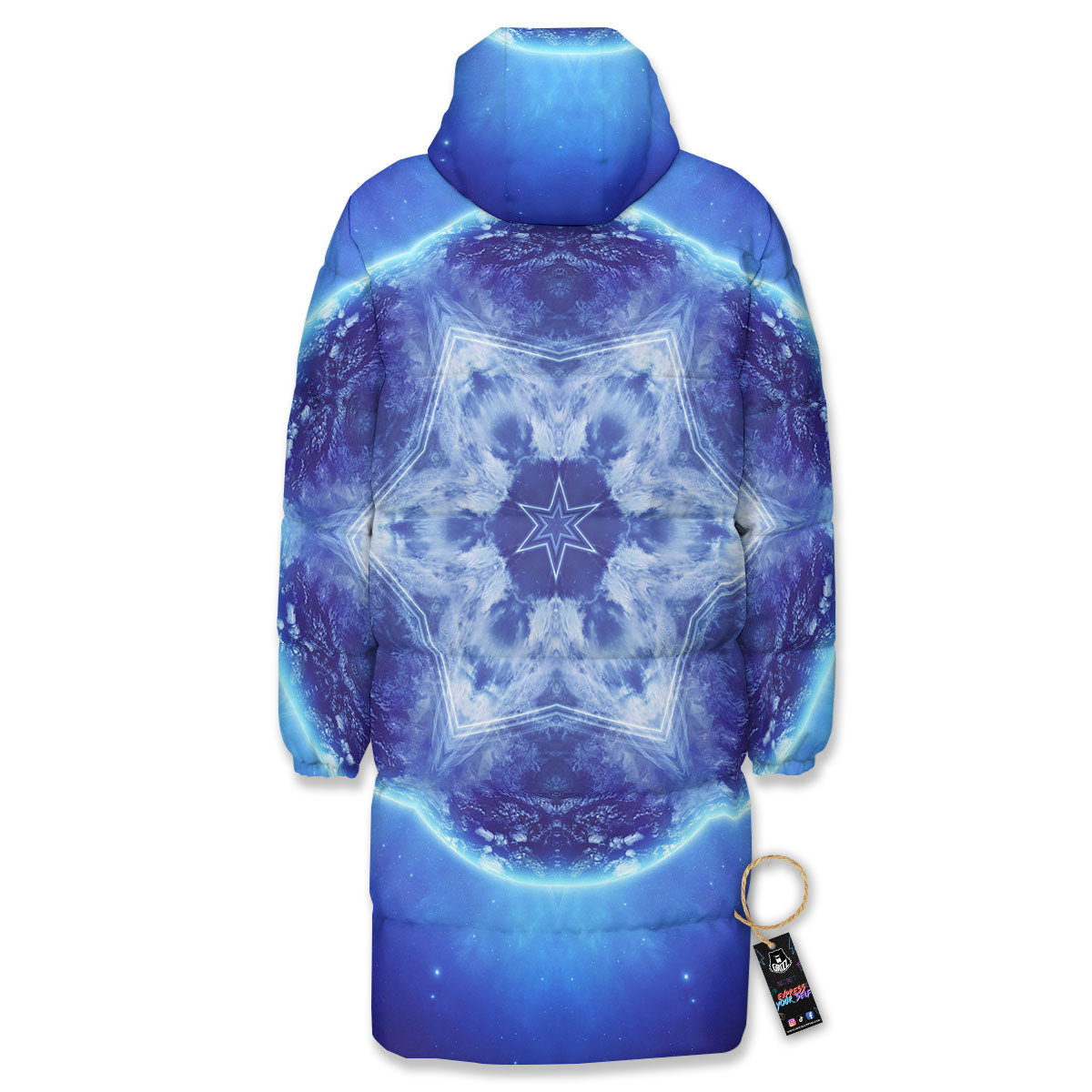 Blue Fractal Kaleidoscope Print Long Down Jacket