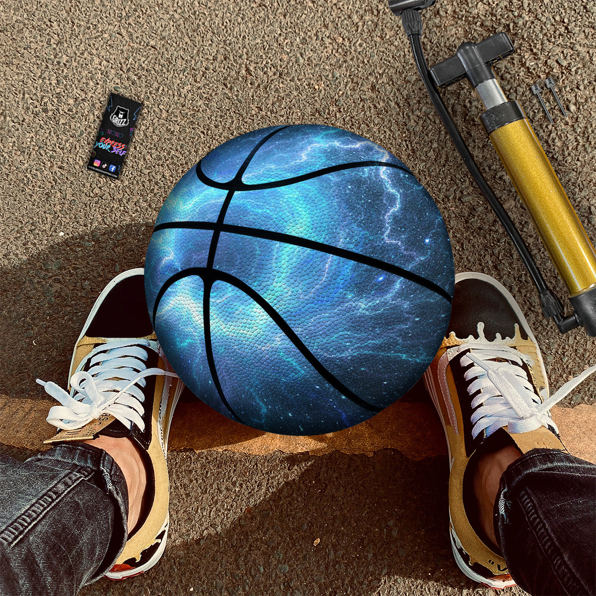 Blue Glowing Giant Lightning In Space Print Basketball