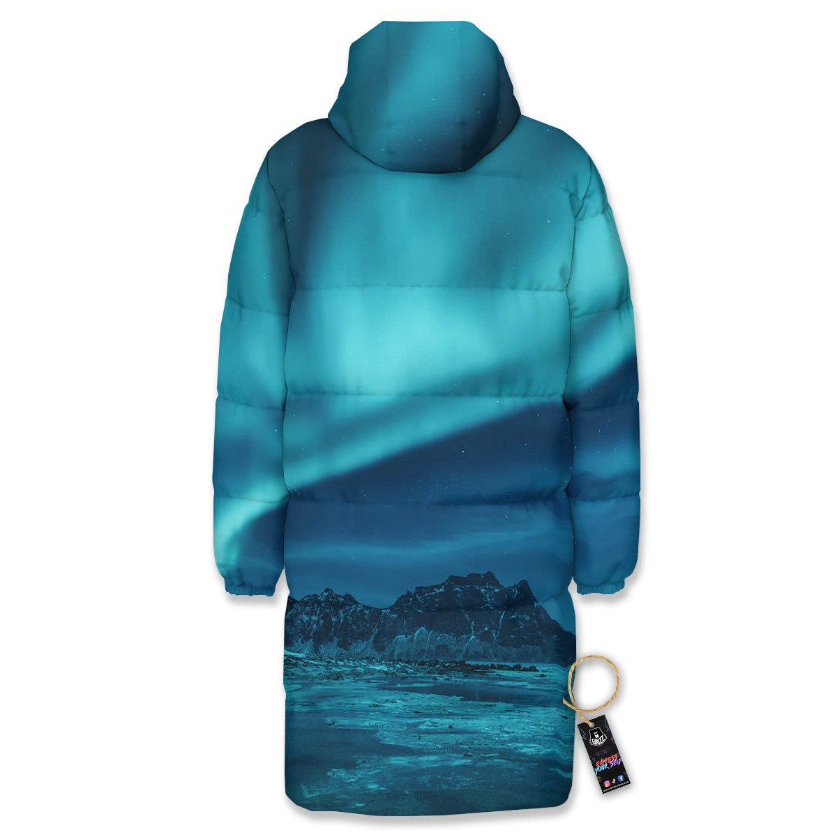Blue Northern Lights And Mountain Print Long Down Jacket