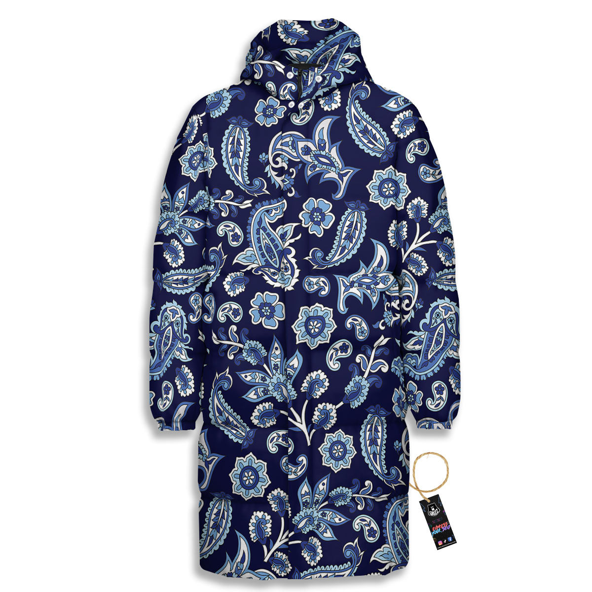 Blue Paisley Print Pattern Long Down Jacket
