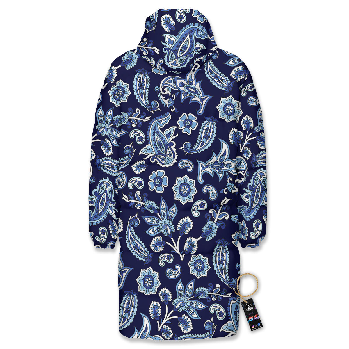 Blue Paisley Print Pattern Long Down Jacket
