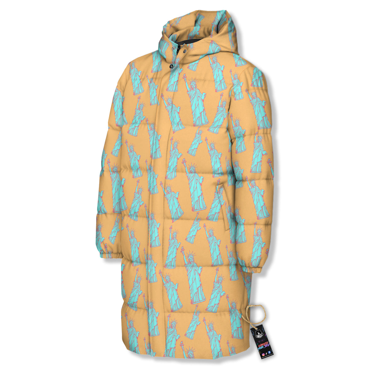 Blue Statue Of Liberty Print Pattern Long Down Jacket