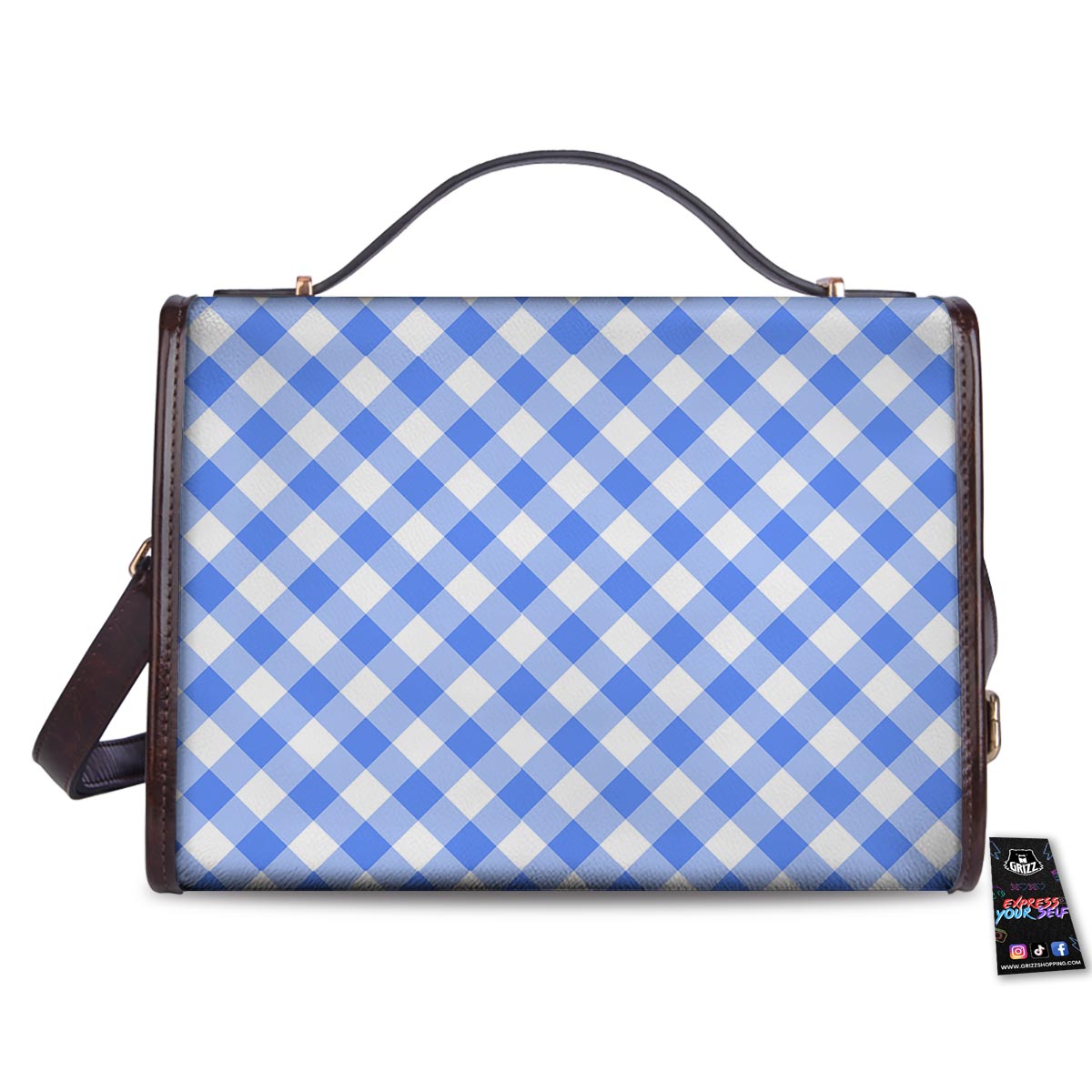 Blue Steel And White Gingham Print Pattern Women's Satchel Bag