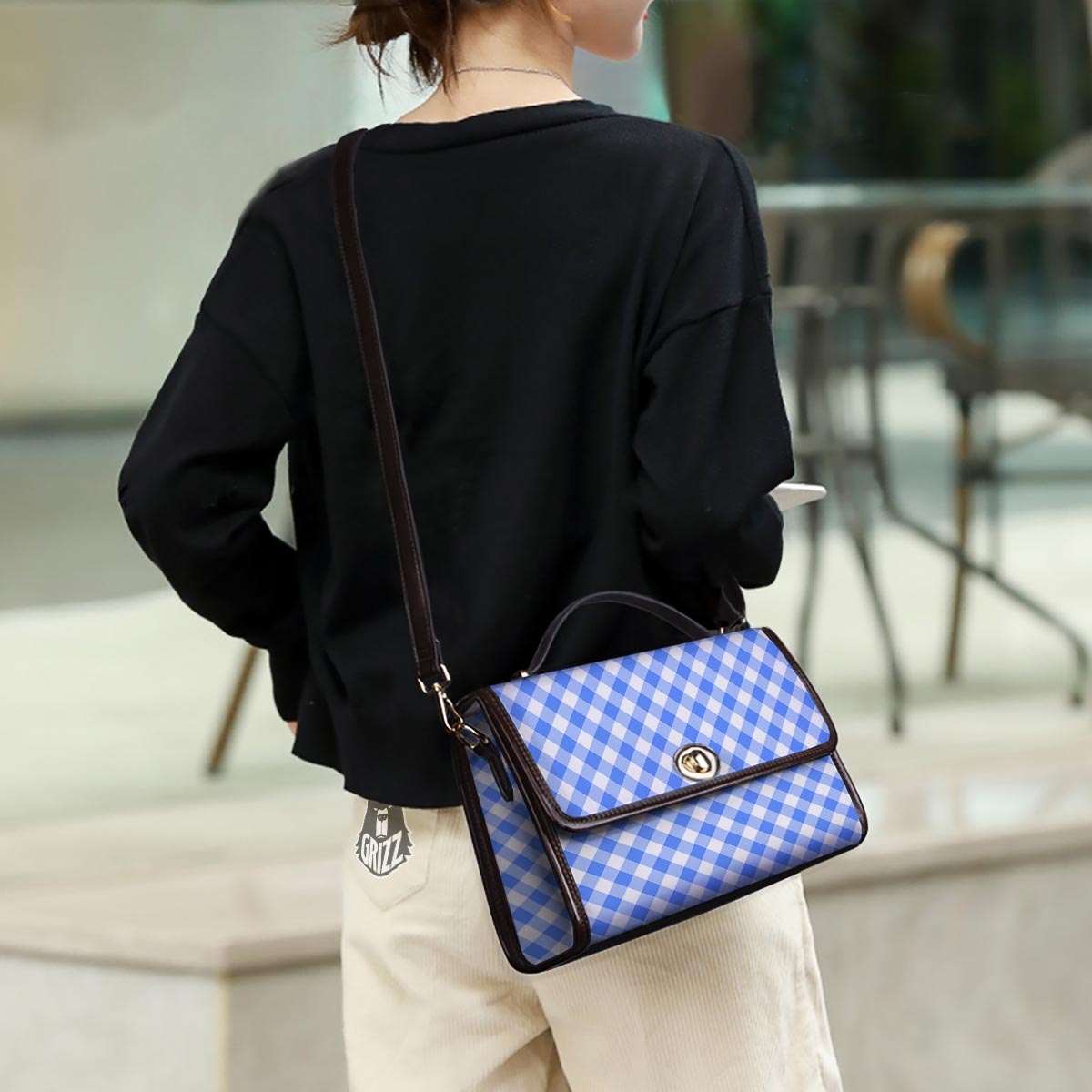 Blue Steel And White Gingham Print Pattern Women's Satchel Bag