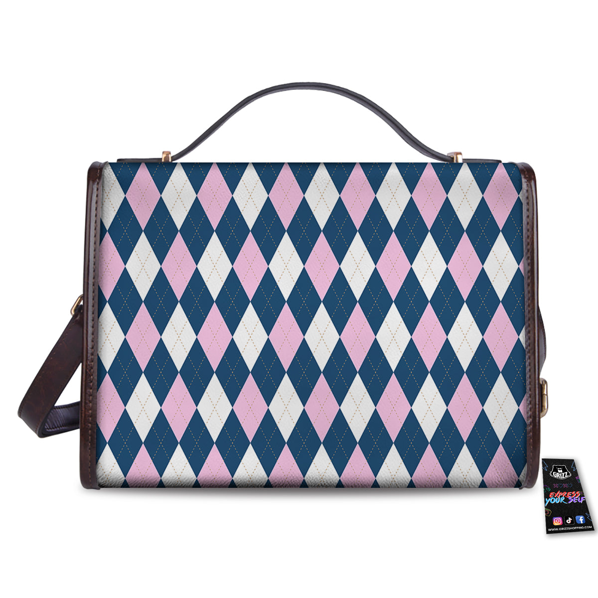 Blue White And Pink Argyle Print Pattern Women's Satchel Bag