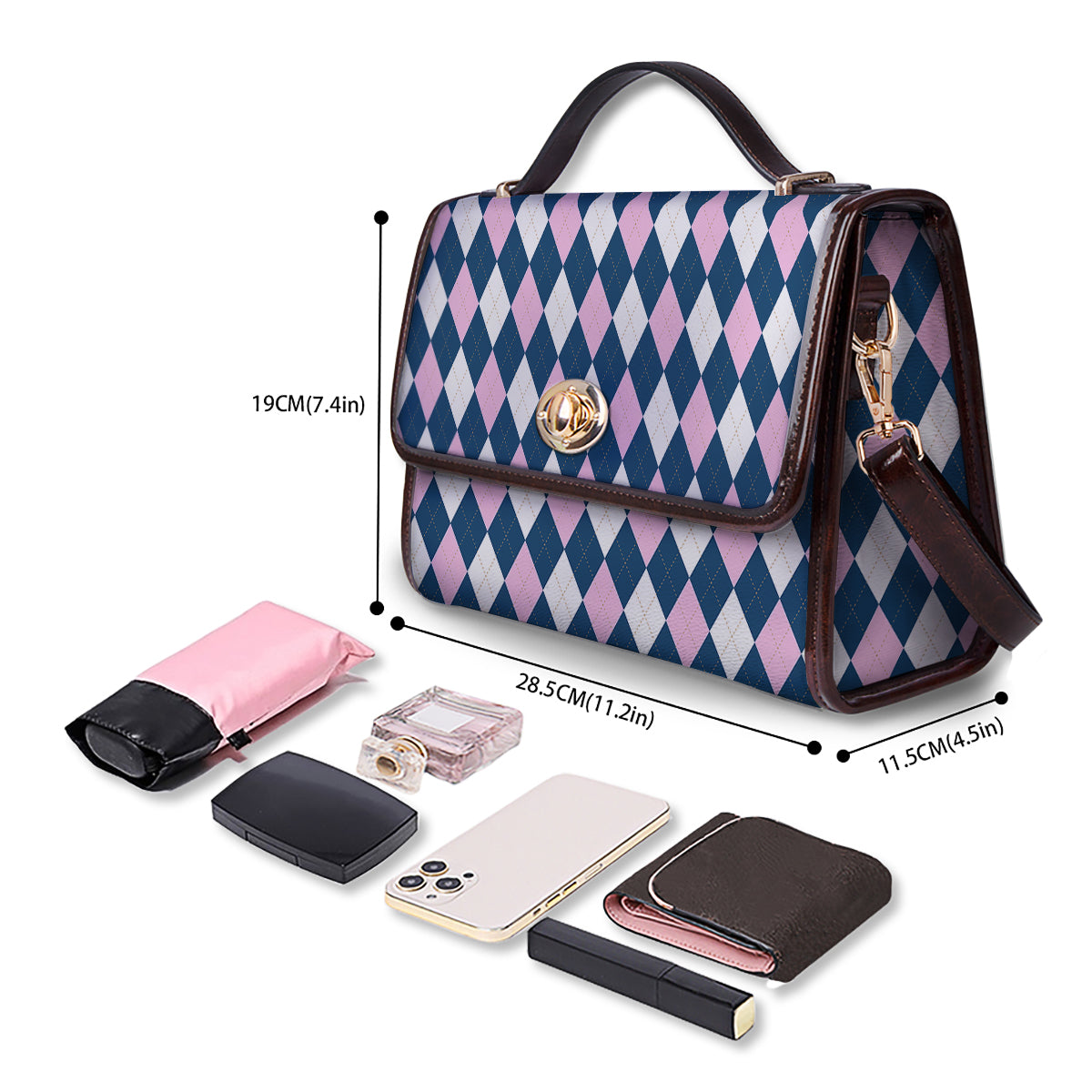 Blue White And Pink Argyle Print Pattern Women's Satchel Bag