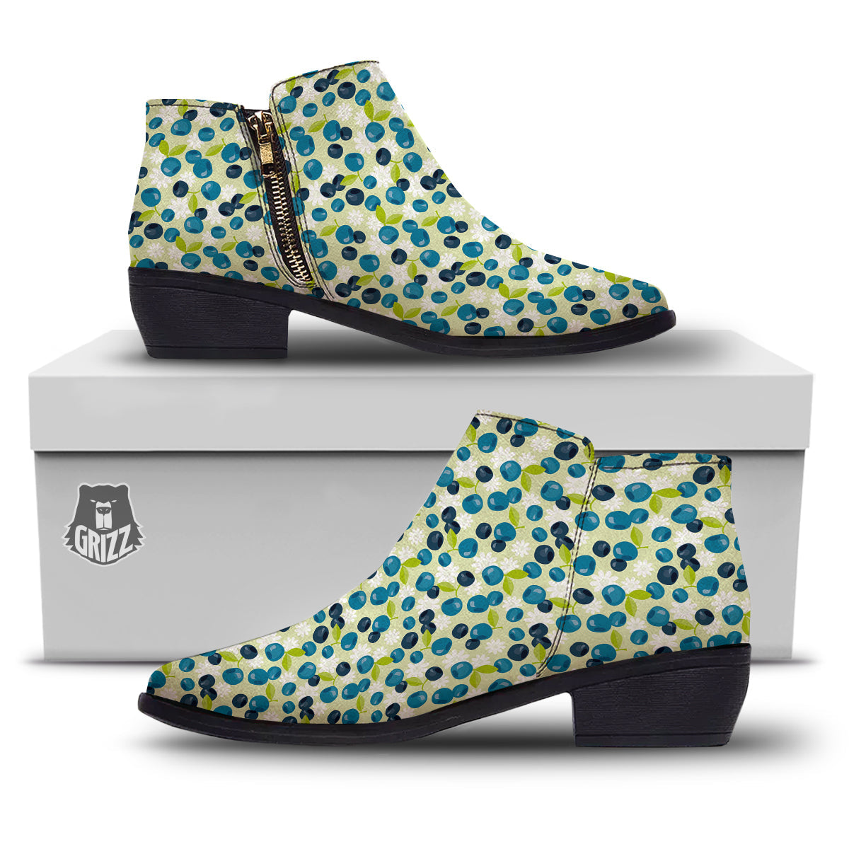 Blueberry And Daisy Print Pattern Ankle Boots-grizzshop