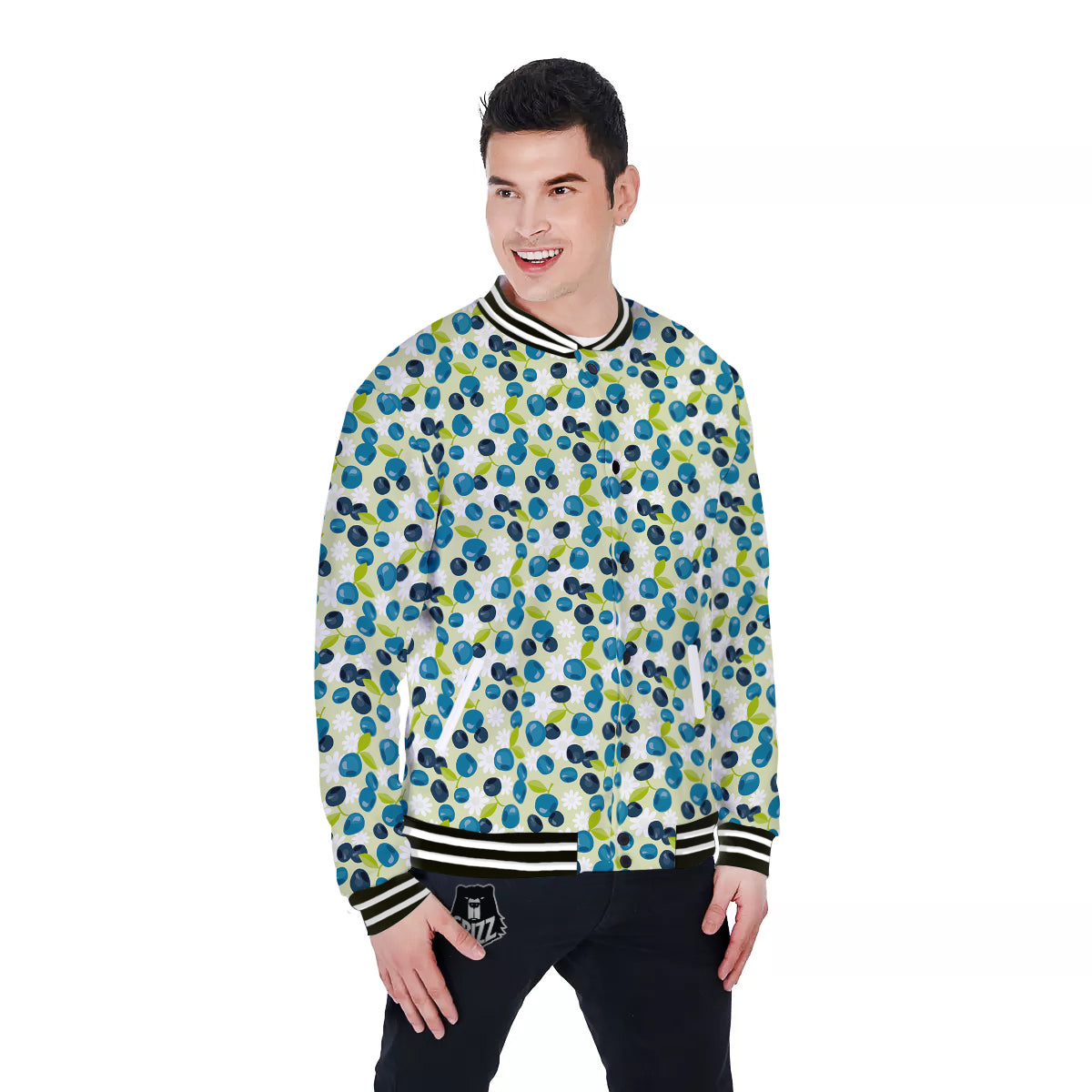 Blueberry And Daisy Print Pattern Baseball Jacket-grizzshop