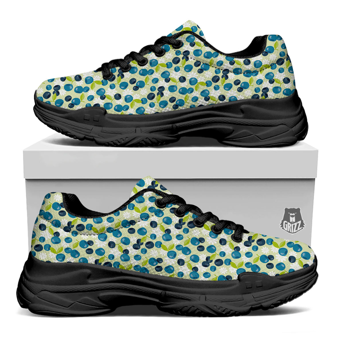 Blueberry And Daisy Print Pattern Black Chunky Shoes-grizzshop