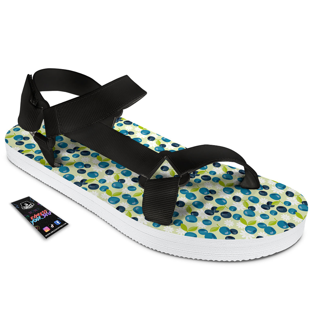 Blueberry And Daisy Print Pattern Black Open Toe Sandals-grizzshop