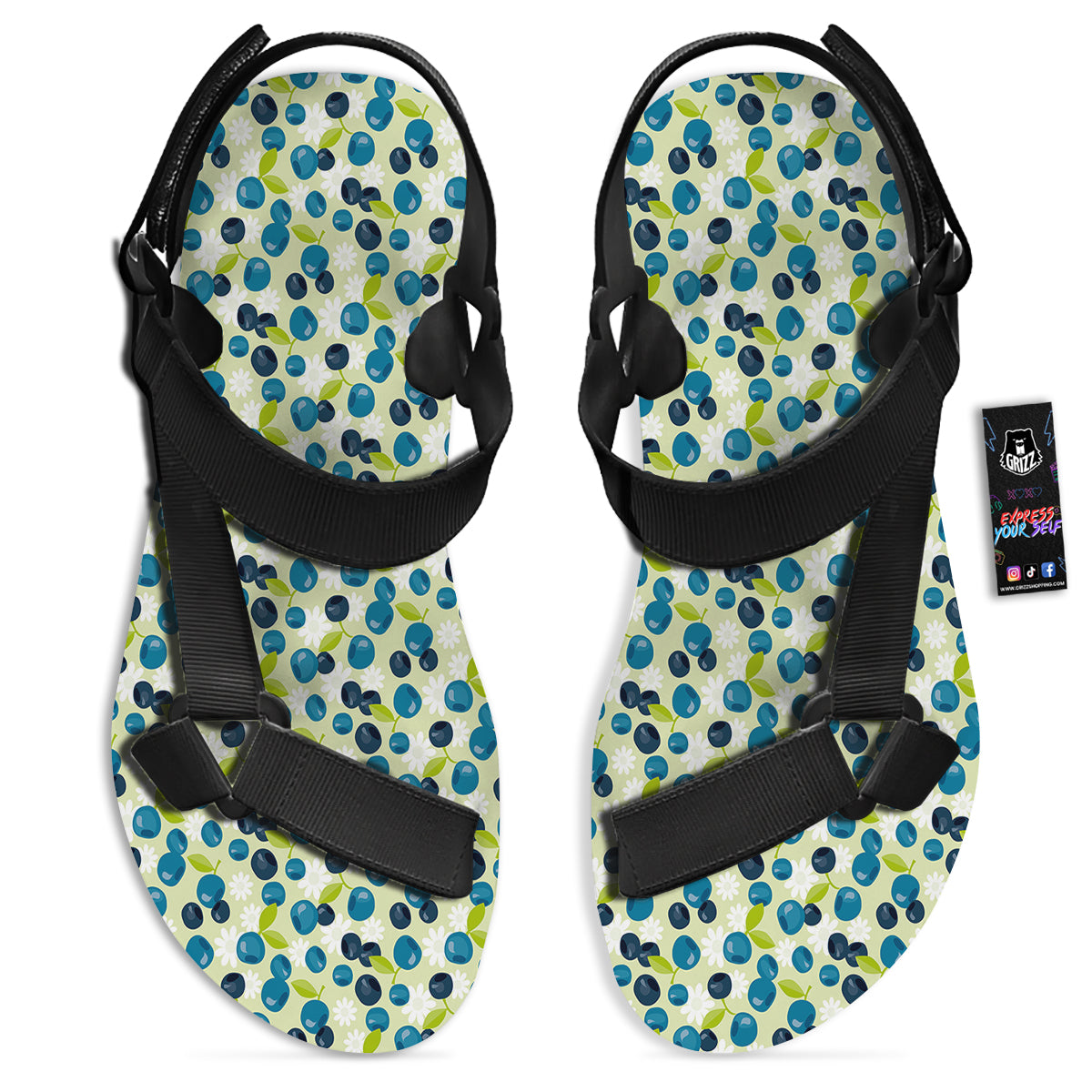 Blueberry And Daisy Print Pattern Black Open Toe Sandals-grizzshop