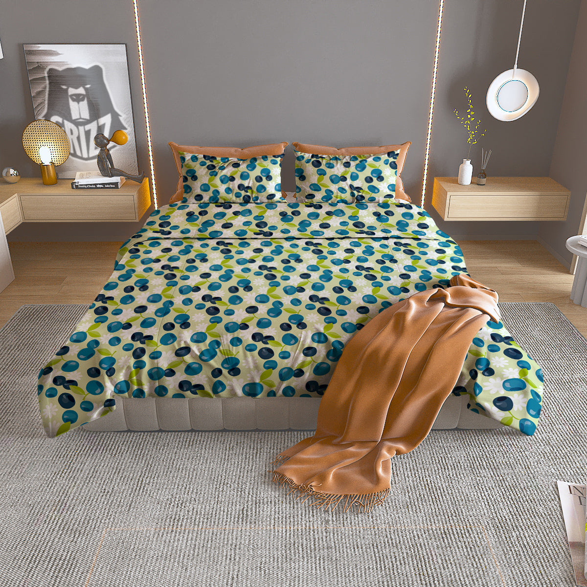 Blueberry And Daisy Print Pattern Duvet Cover Bedding Set