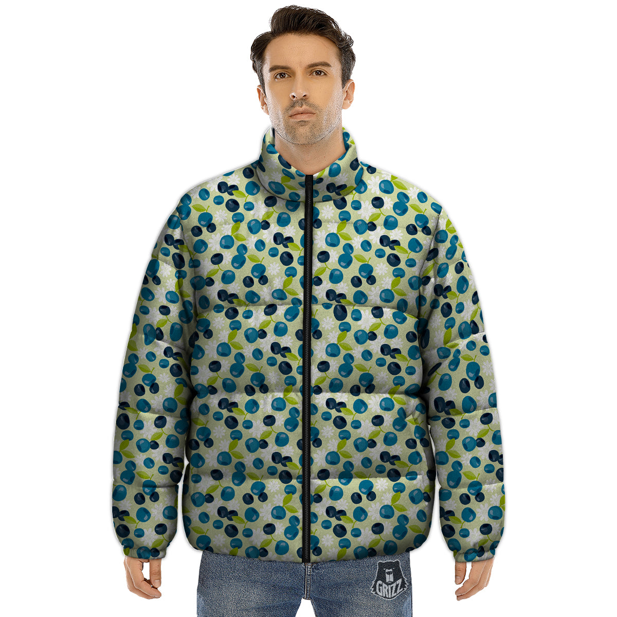 Blueberry And Daisy Print Pattern Puffer Jacket-grizzshop