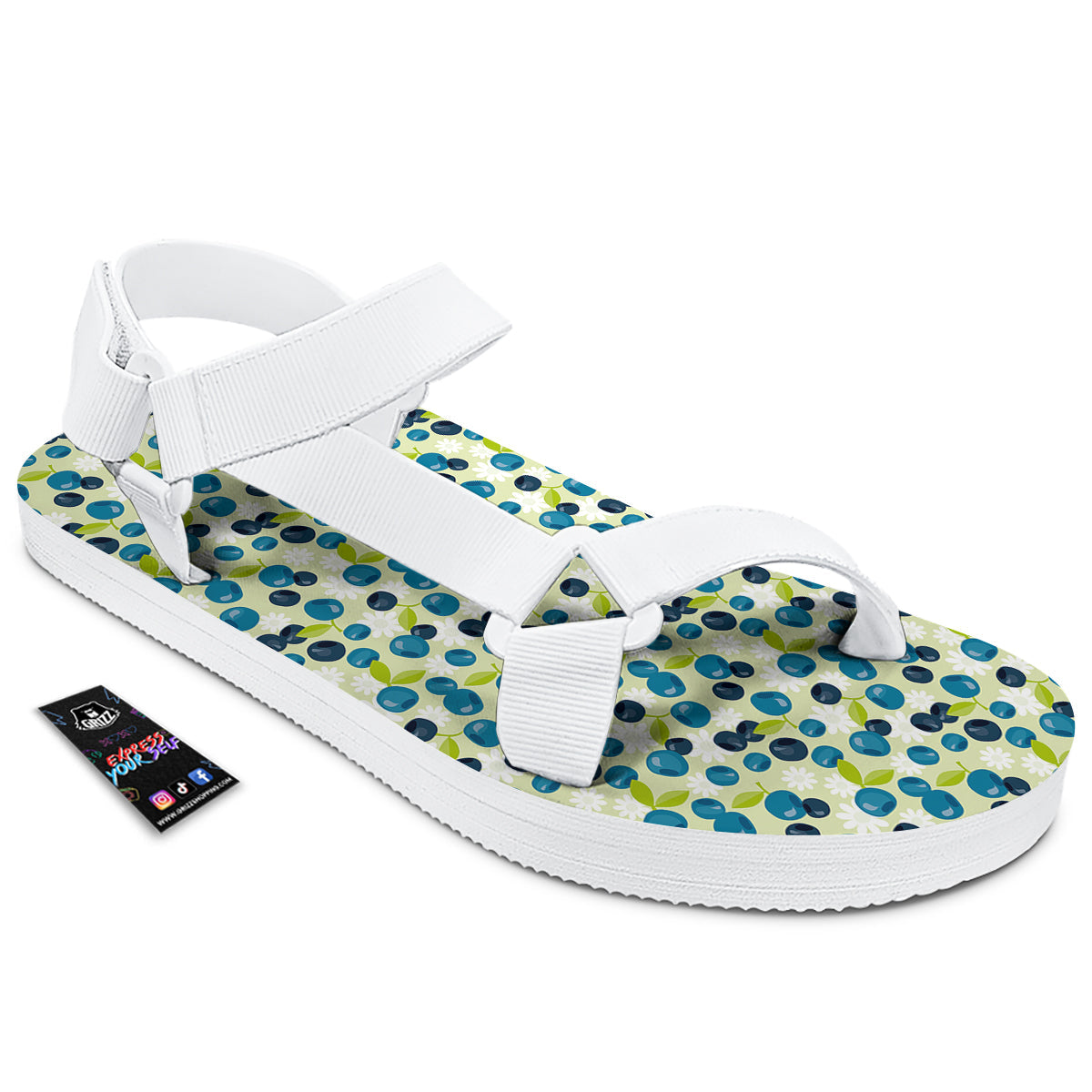 Blueberry And Daisy Print Pattern White Open Toe Sandals-grizzshop