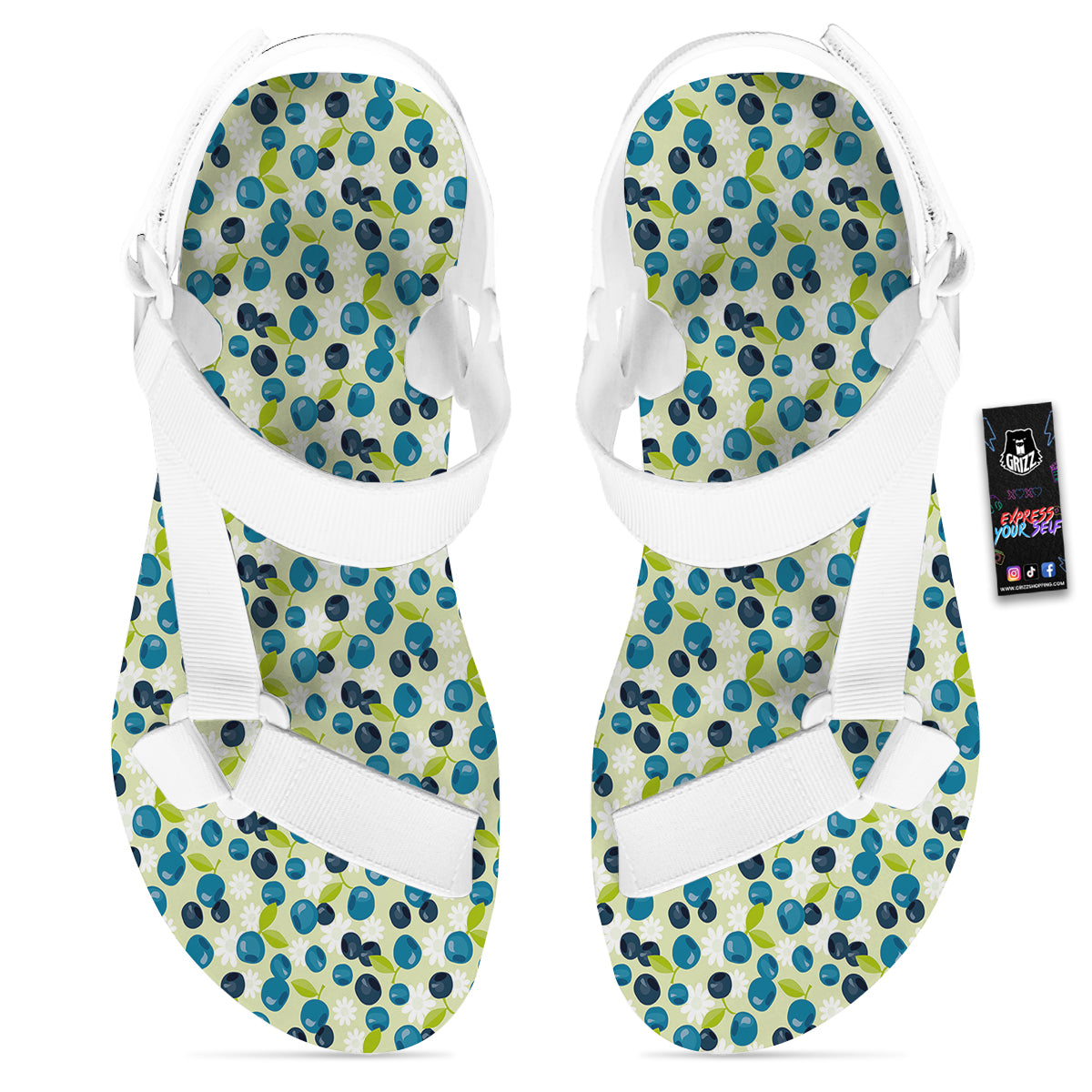 Blueberry And Daisy Print Pattern White Open Toe Sandals-grizzshop