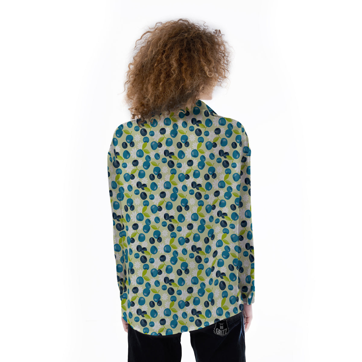 Blueberry And Daisy Print Pattern Women's Long Sleeve Shirts-grizzshop