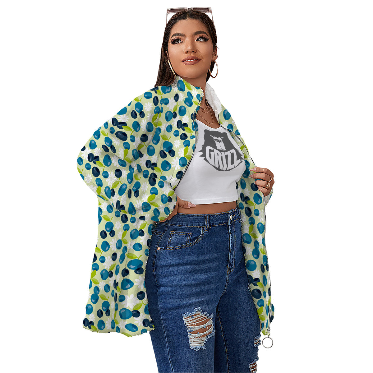 Blueberry And Daisy Print Pattern Women's Sherpa Jacket-grizzshop