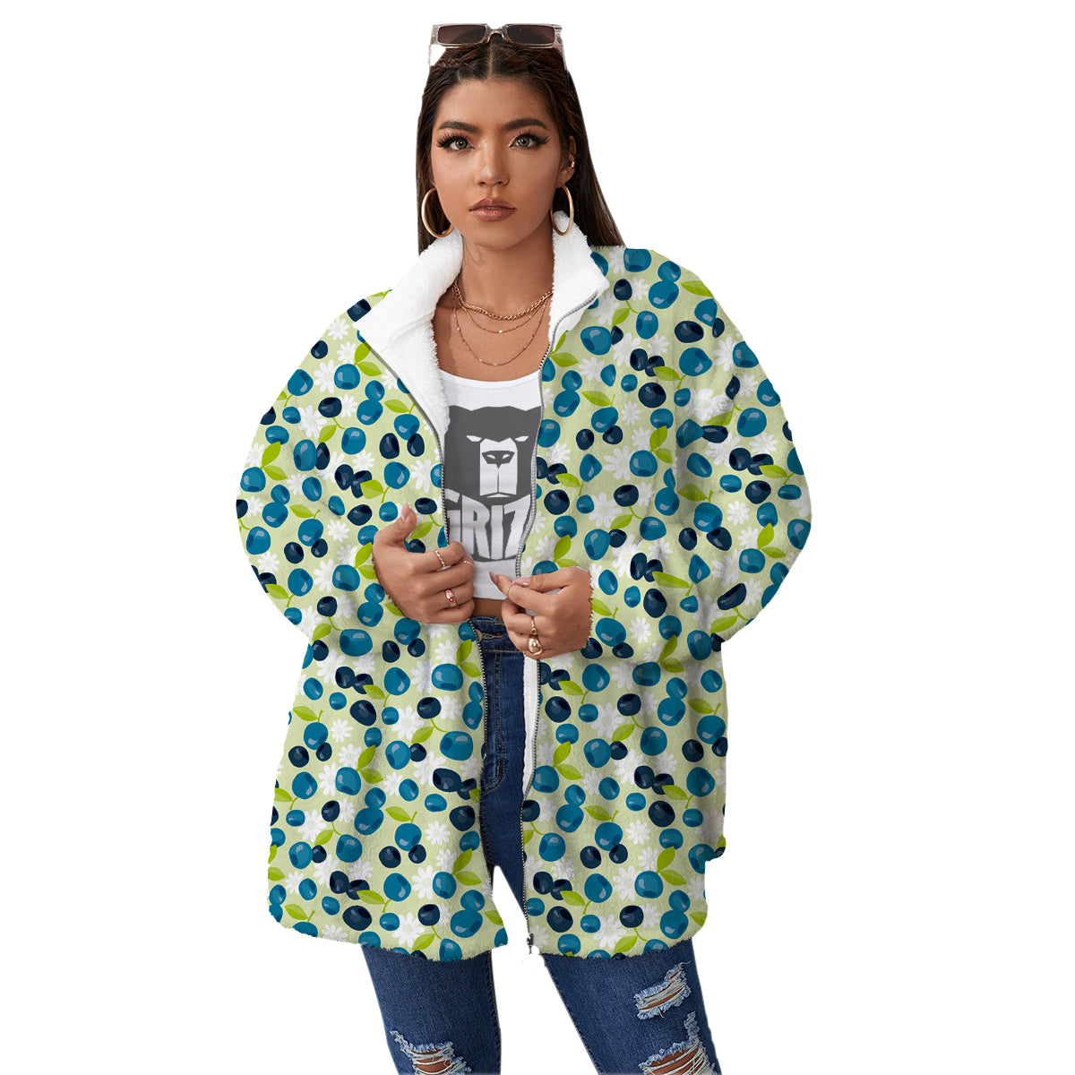 Blueberry And Daisy Print Pattern Women's Sherpa Jacket-grizzshop