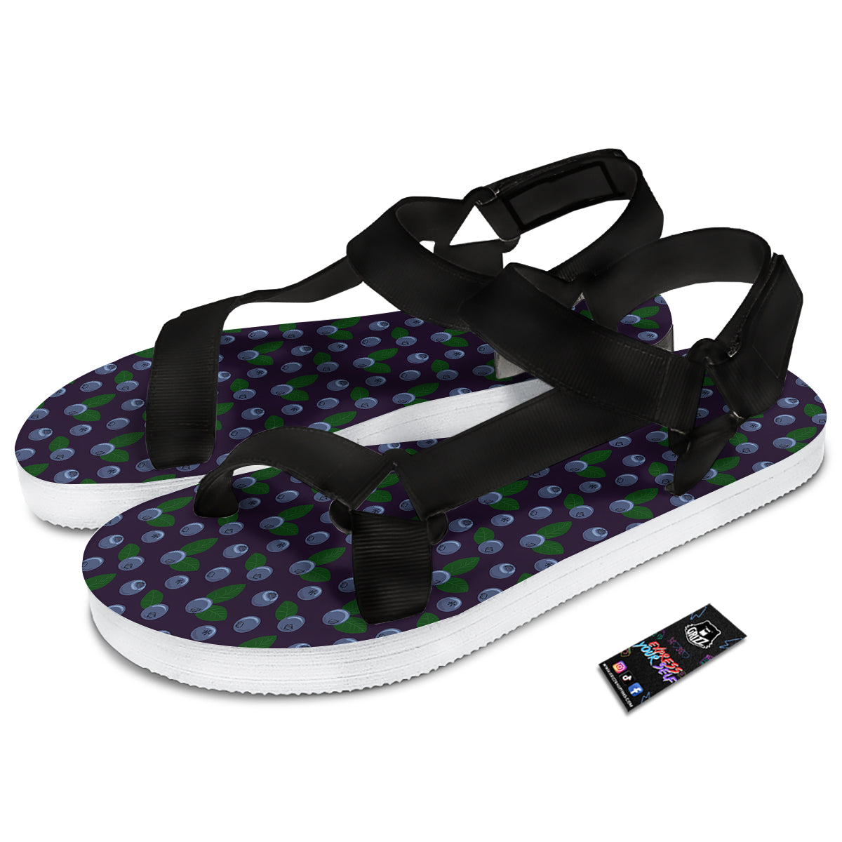 Blueberry And Leaf Print Pattern Black Open Toe Sandals-grizzshop