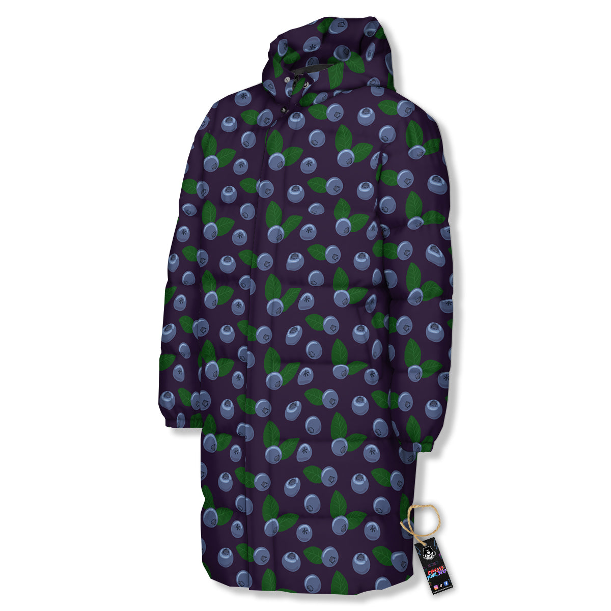 Blueberry And Leaf Print Pattern Long Down Jacket-grizzshop